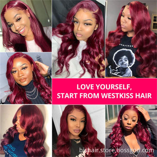 Wholesale Body Wave 99j Lace Hair Ornament Wig Real Human Hair 150% Density West Kiss Brazil 4x4 Closed Front Wig Hair for Women